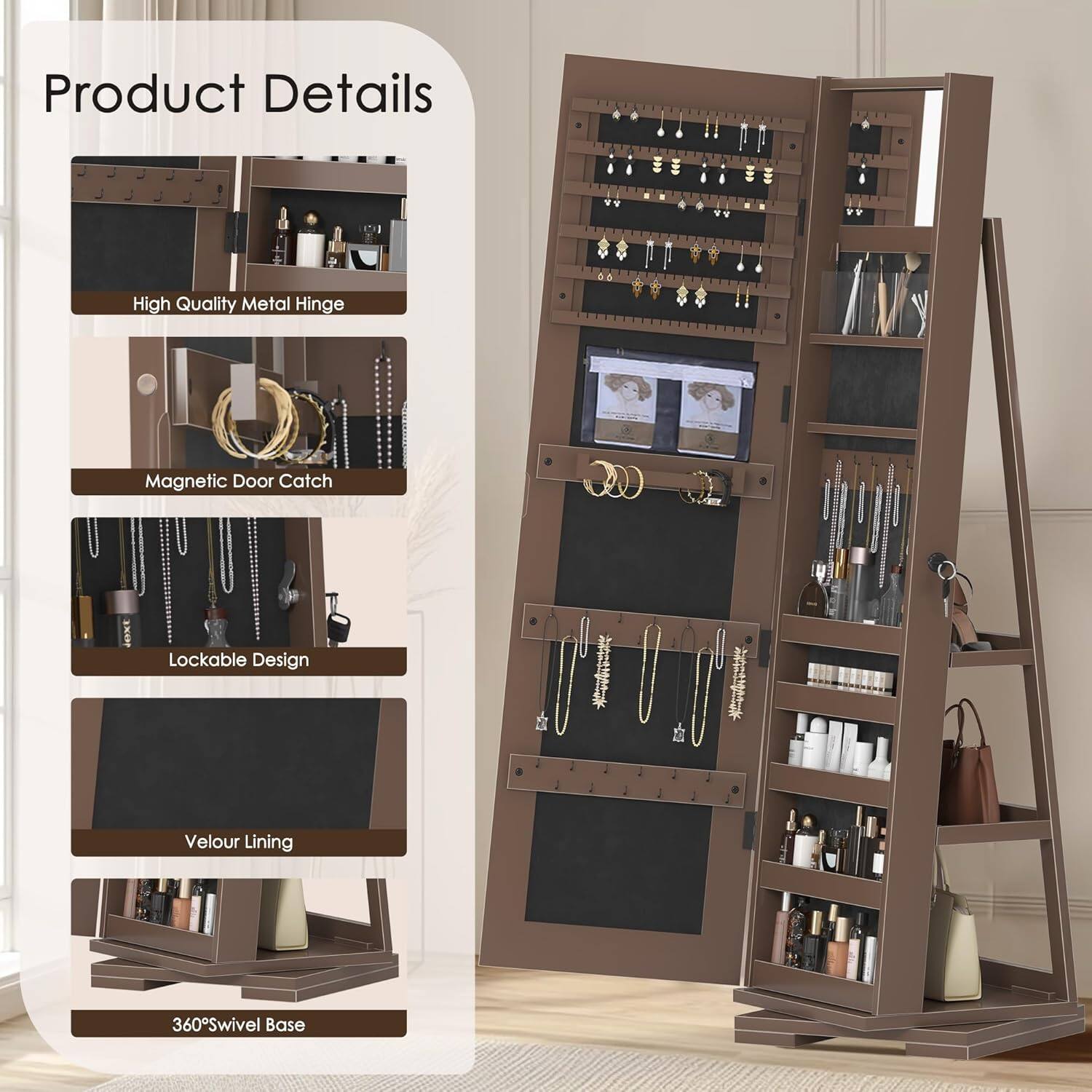 Product Details

- High Quality Metal Hinge
- Magnetic Door Catch
- Lockable Design
- Velour Lining
- 360° Swivel Base