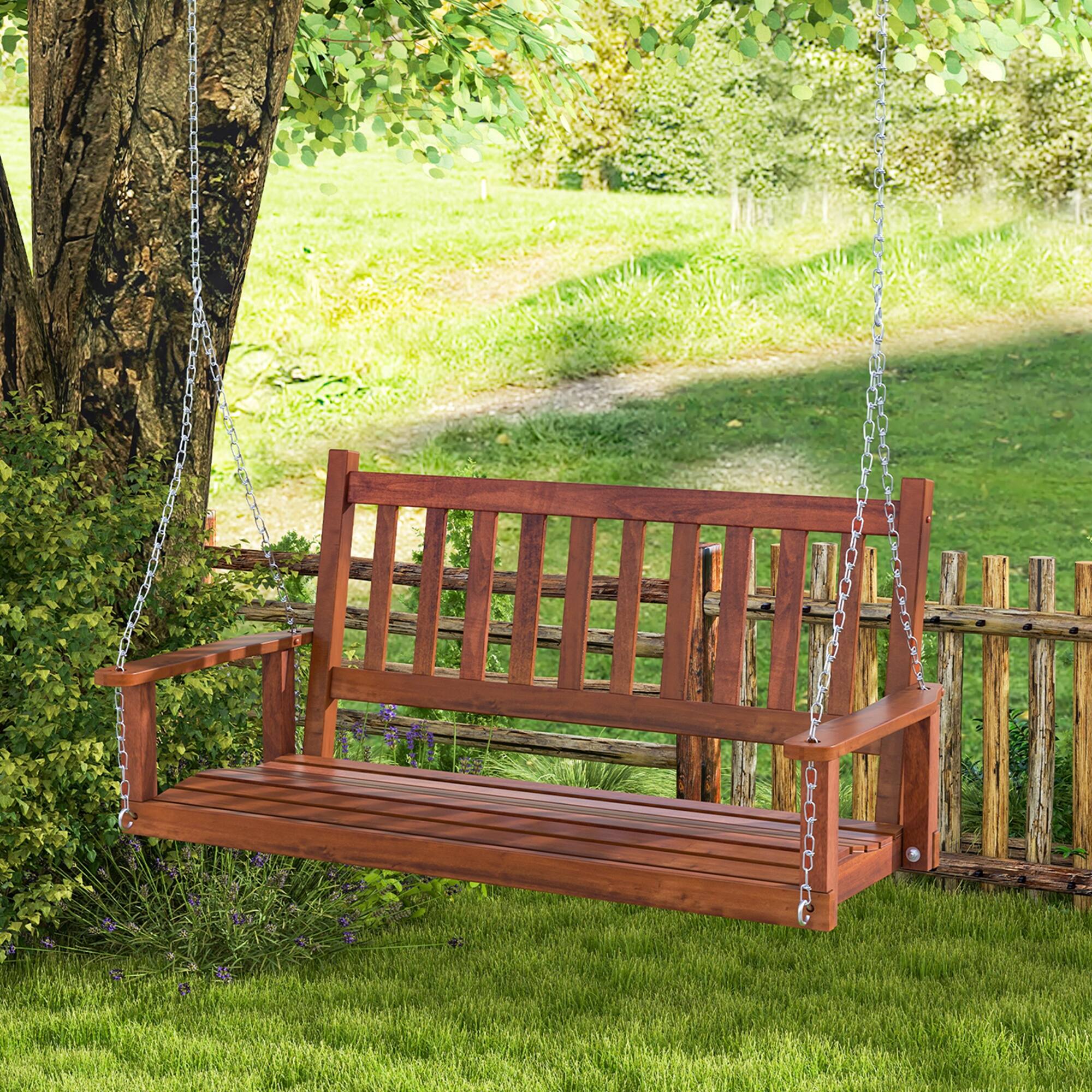 Alt View 4. Costway - 2-Person Wooden Outdoor Porch Swing Heavy Duty Patio Hanging Bench Chair - Brown.