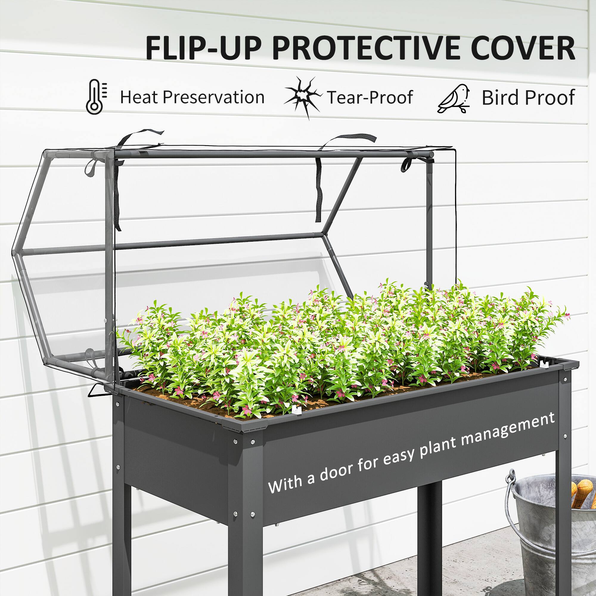 FLIP-UP PROTECTIVE COVER  
Heat Preservation  
Tear-Proof  
Bird Proof  

With a door for easy plant management