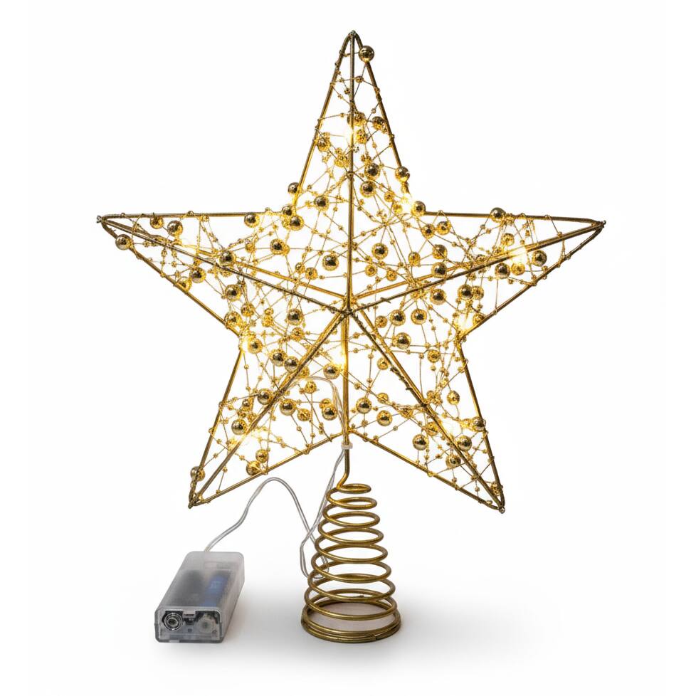 Back. FC Design - Lighted Star Christmas Tree Topper with Decorative Ornament & Easy-Mount Base, LED Light - Gold.