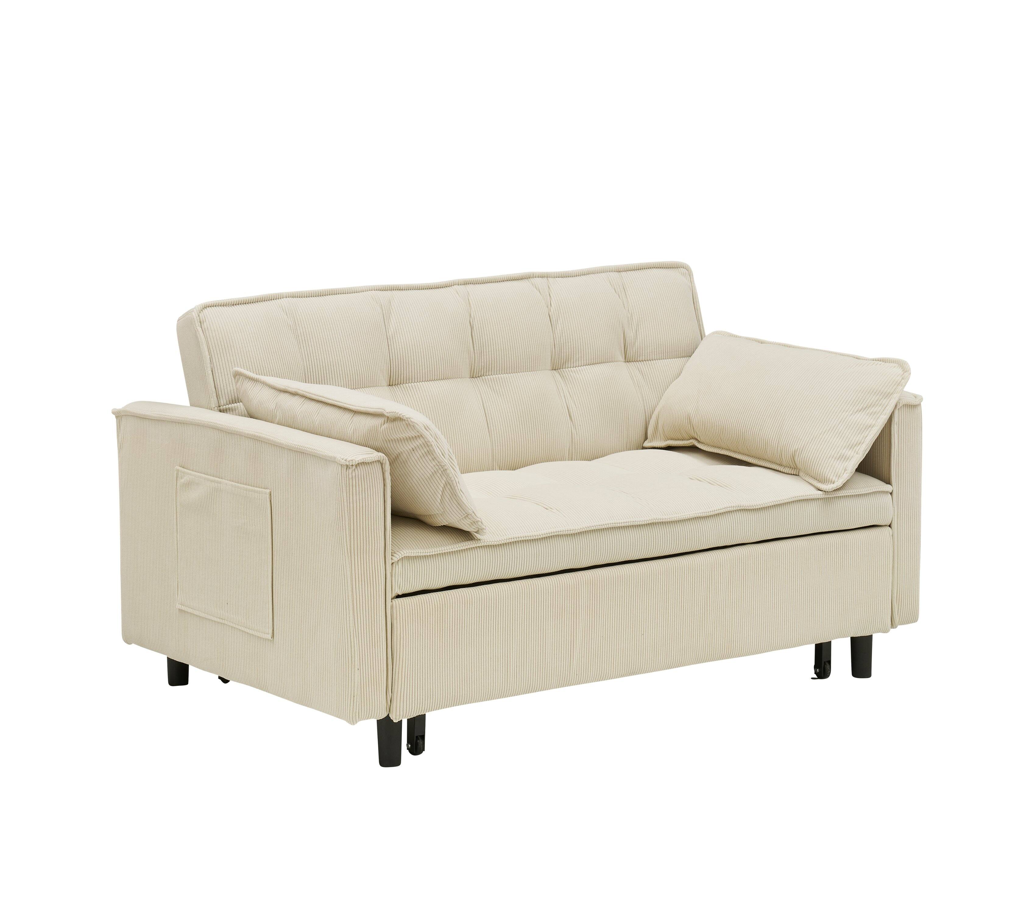 Angle. GOODSILO - Elegant 55-Inch Velvet Sofa Bed with Storage Pockets - Three-in-One Convertible Design - Beige.