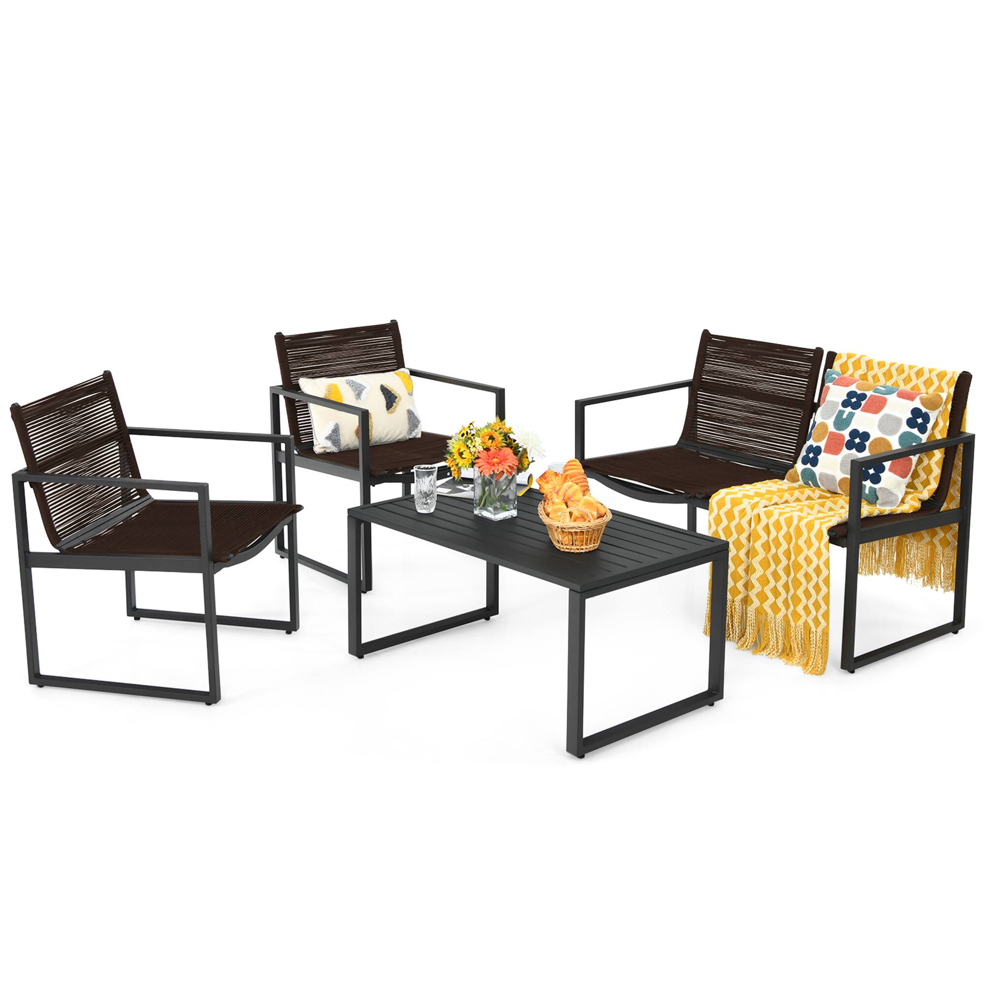 Alt View 4. Gymax - Gymax 4PCS Patio Conversation Furniture Set Yard Garden Outdoor w/ Coffee Table - Black and Brown.