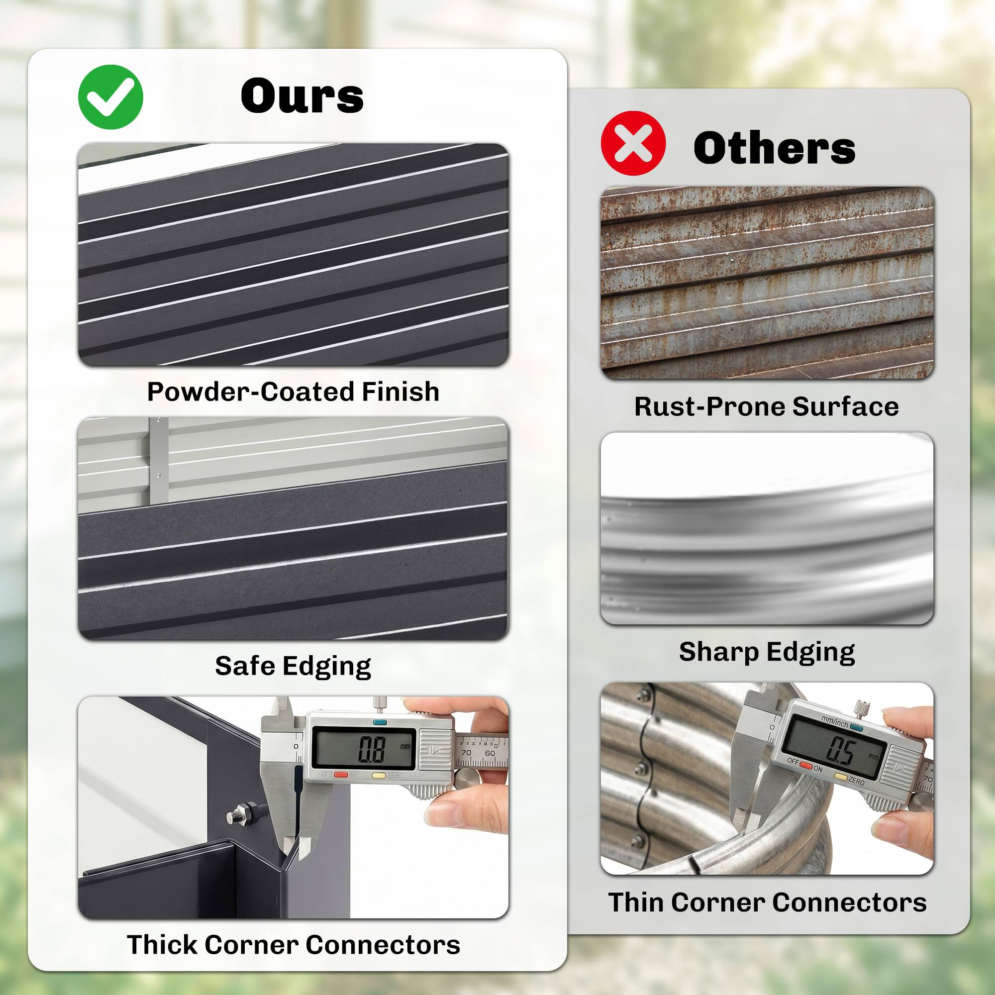 Ours  
- Powder-Coated Finish  
- Safe Edging  
- Thick Corner Connectors  

Others  
- Rust-Prone Surface  
- Sharp Edging  
- Thin Corner Connectors