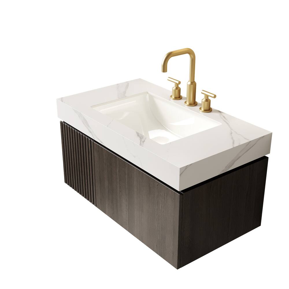 Back. JUJABU - 36" Floating Bathroom Vanity & Sink, Carrara White Sintered Stone Top & Ceramic Basin - Carrara White.