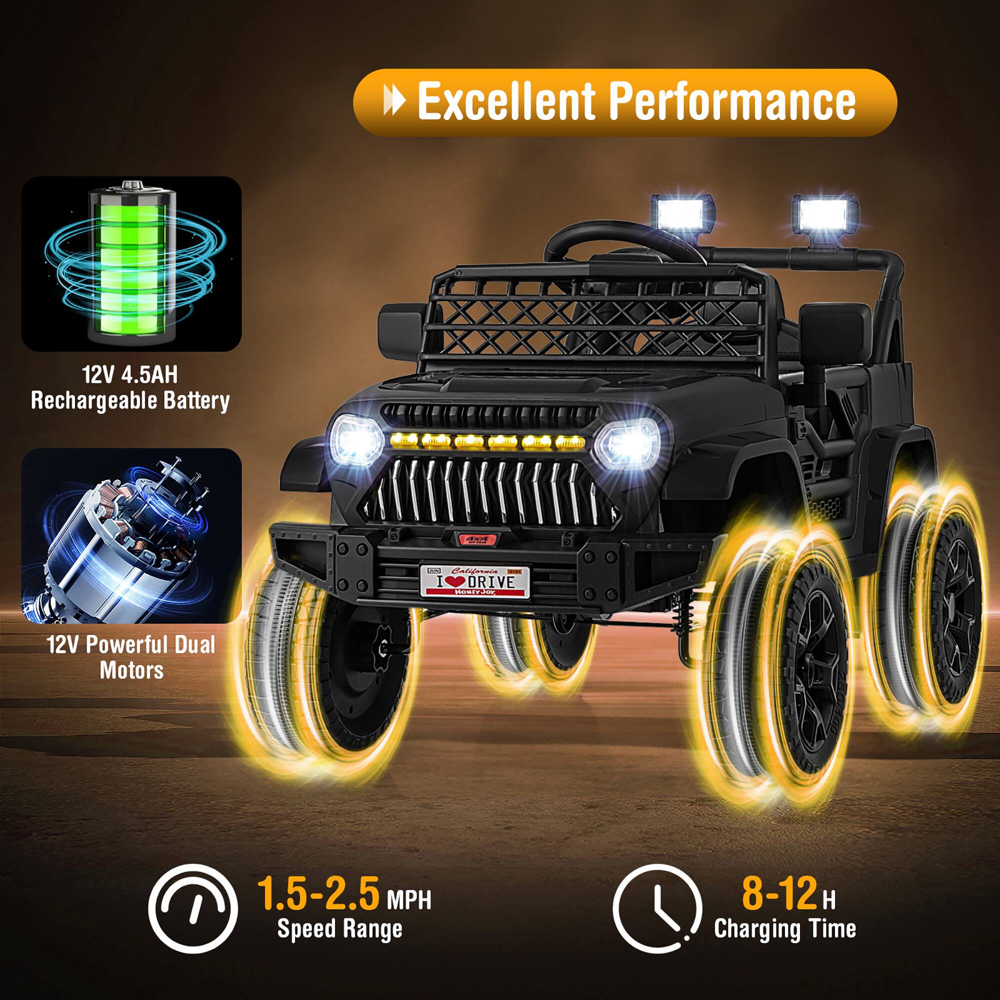 Excellent Performance

- 12V 4.5AH Rechargeable Battery
- 12V Powerful Dual Motors
- 1.5-2.5 MPH Speed Range
- 8-12 H Charging Time