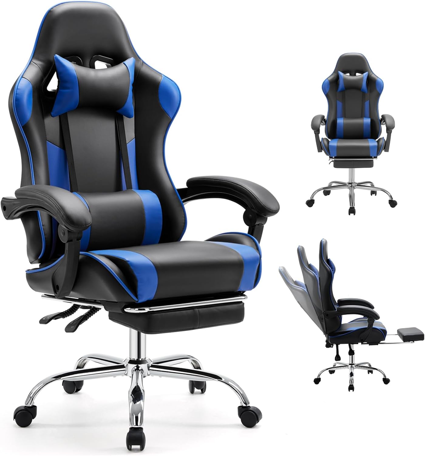 Angle. Sweet - Ergonomic Gaming Chair with Footrest and Headrest, PU Leather Height Adjustable Office Desk Chairs for Adults - Black Blue.