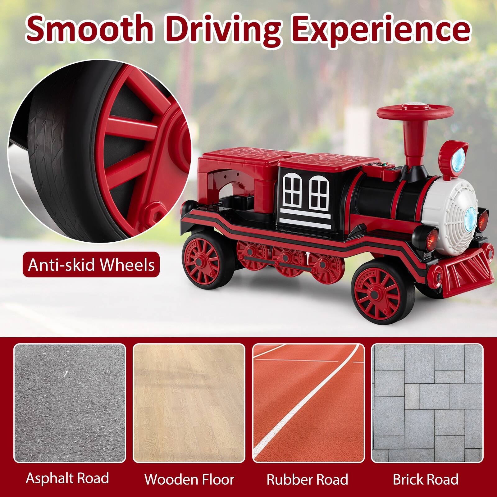 Smooth Driving Experience

Anti-skid Wheels

Asphalt Road

Wooden Floor

Rubber Road

Brick Road