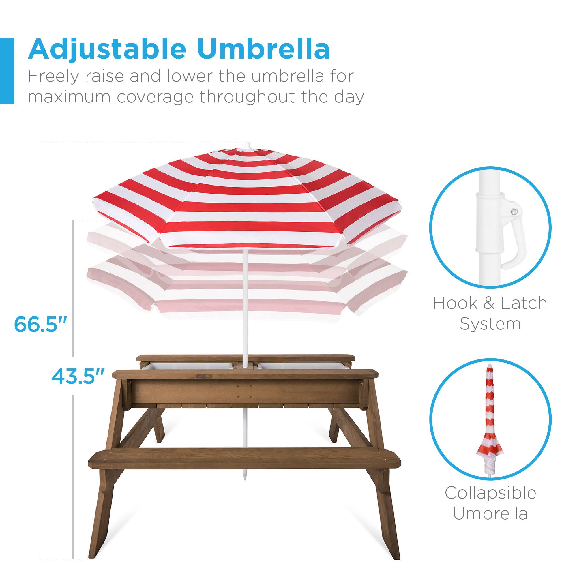 Adjustable Umbrella  
Freely raise and lower the umbrella for maximum coverage throughout the day  

66.5"  
43.5"  

Hook & Latch System  
Collapsible Umbrella