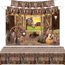 Stylel Star - Western Cowboy Birthday Party Supplies Decorations Include Happy Banner Denim Backcloth Tablecloth Cake Insert Card - Default