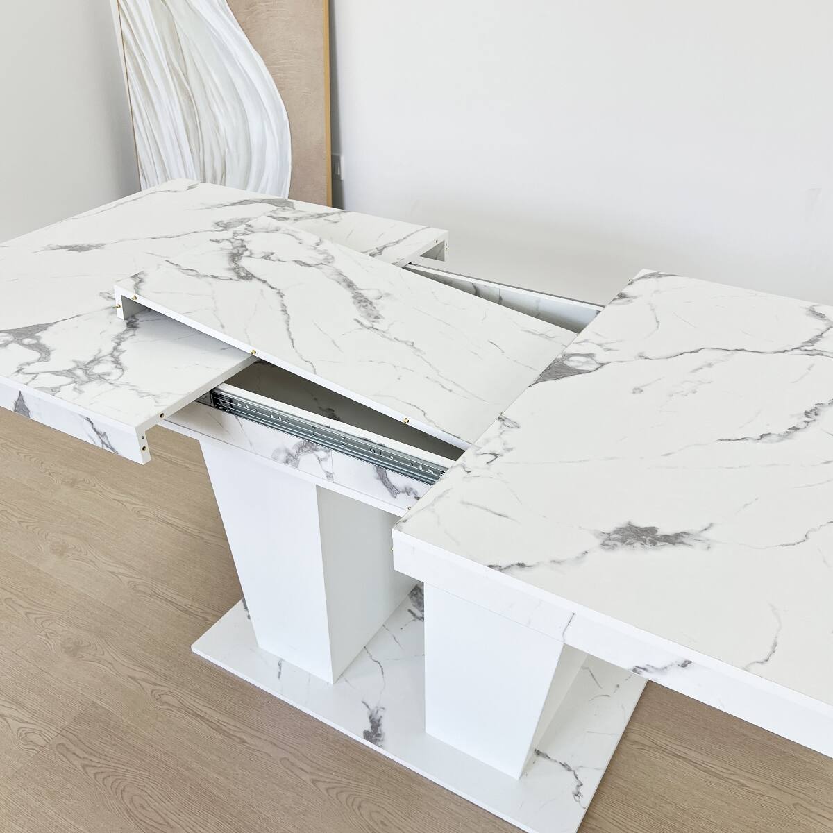 Alt View 9. Loheer - Loheer Extendable Dining Table, White Faux Marble Rectangle Table for Six to Ten, Dual Pedestal Base - White Marble.