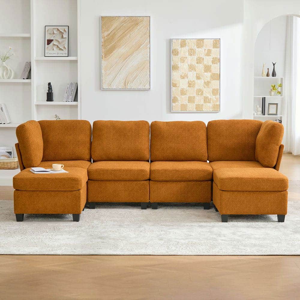 Kadyn - U-Shaped 6-Seat Sectional, Oversized Modular Couch with Chaise and Storage Ottoman, Orange - Orange