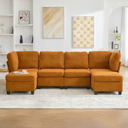 Kadyn - U-Shaped 6-Seat Sectional, Oversized Modular Couch with Chaise and Storage Ottoman, Orange - Orange