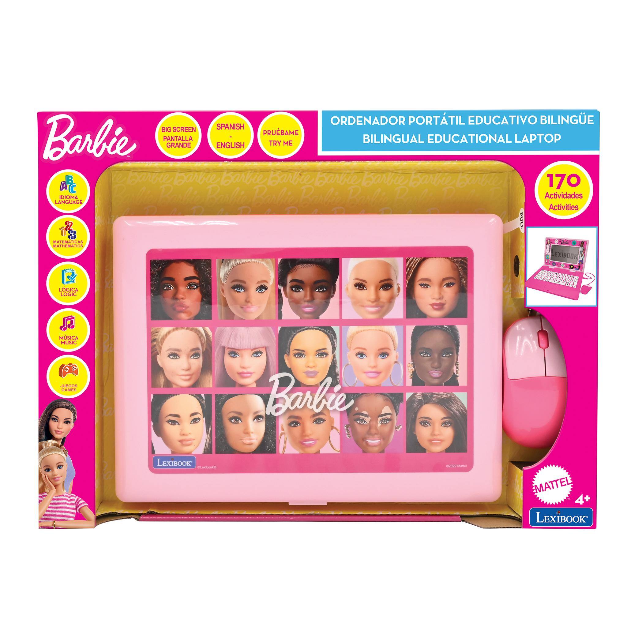 ORDENADOR PORTÁTIL EDUCATIVO BILINGÜE  
BILINGUAL EDUCATIONAL LAPTOP  

BIG SCREEN  
PANTALLA GRANDE  

SPANISH ENGLISH  
PRUEBAME TRY ME  

170 Actividades  
Activities  

Barbie  
LEXIBOOK  

MATTEL