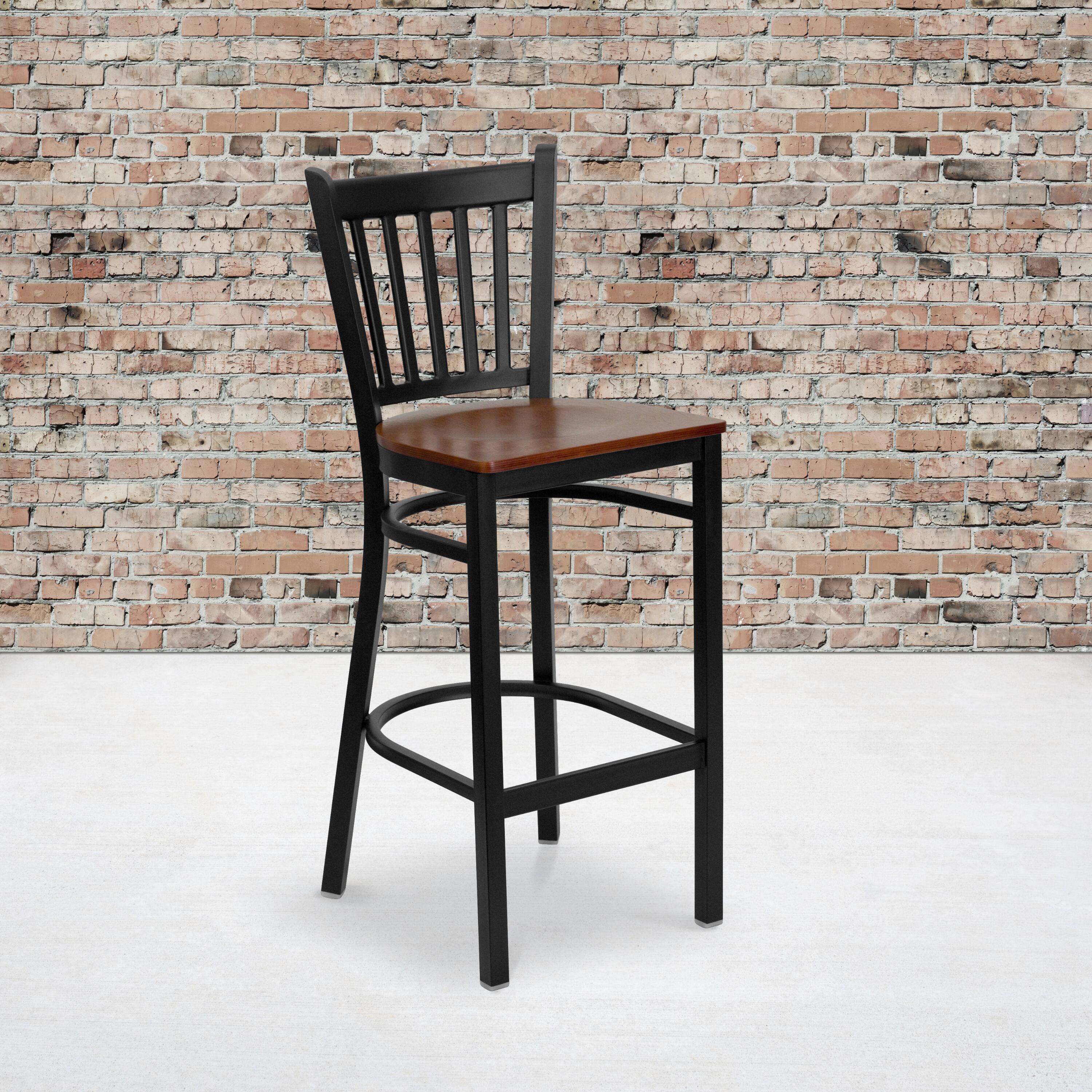 Angle. Flash Furniture - HERCULES Series Black Vertical Back Metal Restaurant Barstool - Cherry Wood Seat - Red.