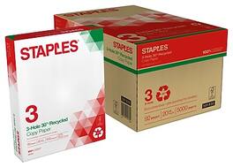 Staples - 30% Recycled 8.5" x 11" 3-Hole Punch Copy Paper, 20 lbs., 92 Brightness, 500/Ream, 10 Reams/Carton - White
