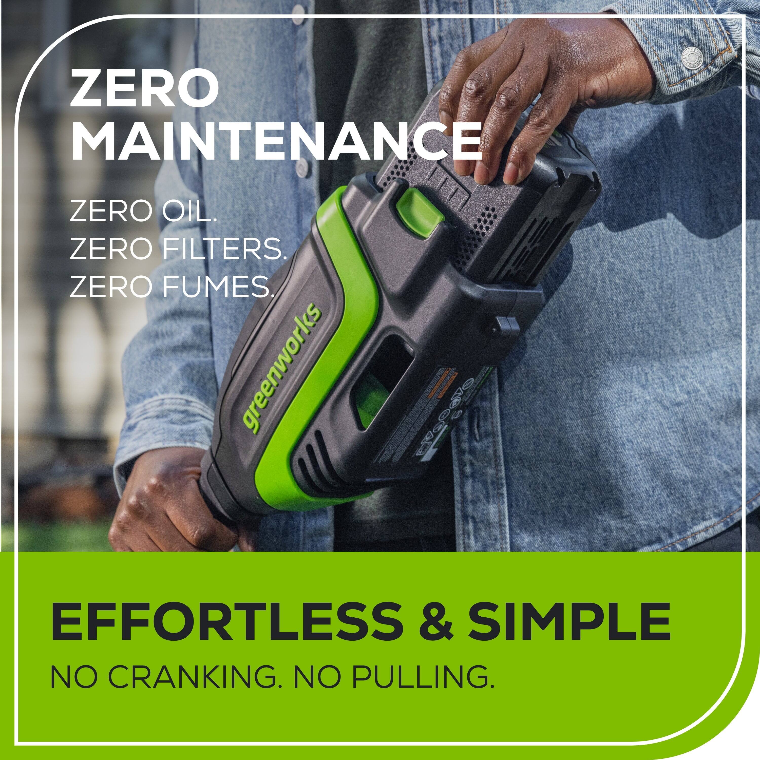 ZERO MAINTENANCE  
ZERO OIL.  
ZERO FILTERS.  
ZERO FUMES.  

EFFORTLESS & SIMPLE  
NO CRANKING. NO PULLING.
