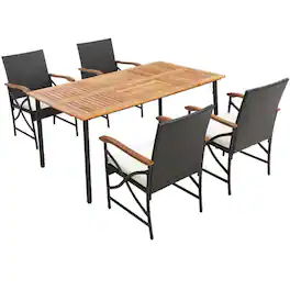 Mondawe - 5/7-Piece Outdoor Dining Set with Acacia Wood Table - Natural+Black+Mix Brown