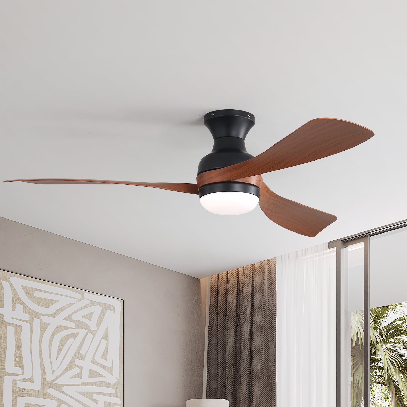 Front. Sofucor - Farmhouse Ceiling Fan Light Kit with Remote Indoor Outdoor Ceiling Fan Light Fixture Quiet Reversible DC Motors - Black Brown - Flush Mount.