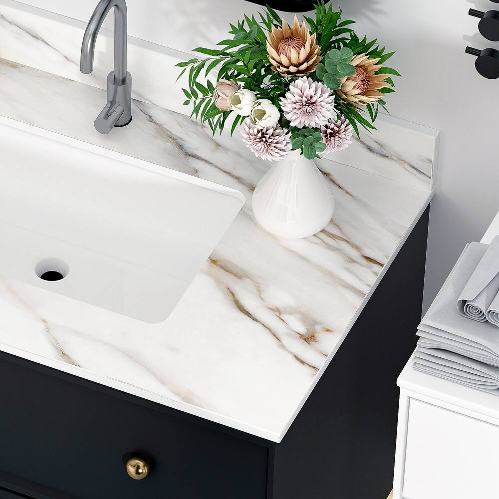 Alt View 3. Loheer - Loheer 37 inch marble vanity top Carrara white with veins - White.