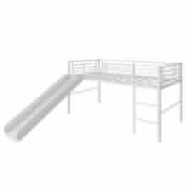 Gymax - Twin Metal Loft Bed with Slide Guardrails Built-in Ladder Low Bed Frame - White