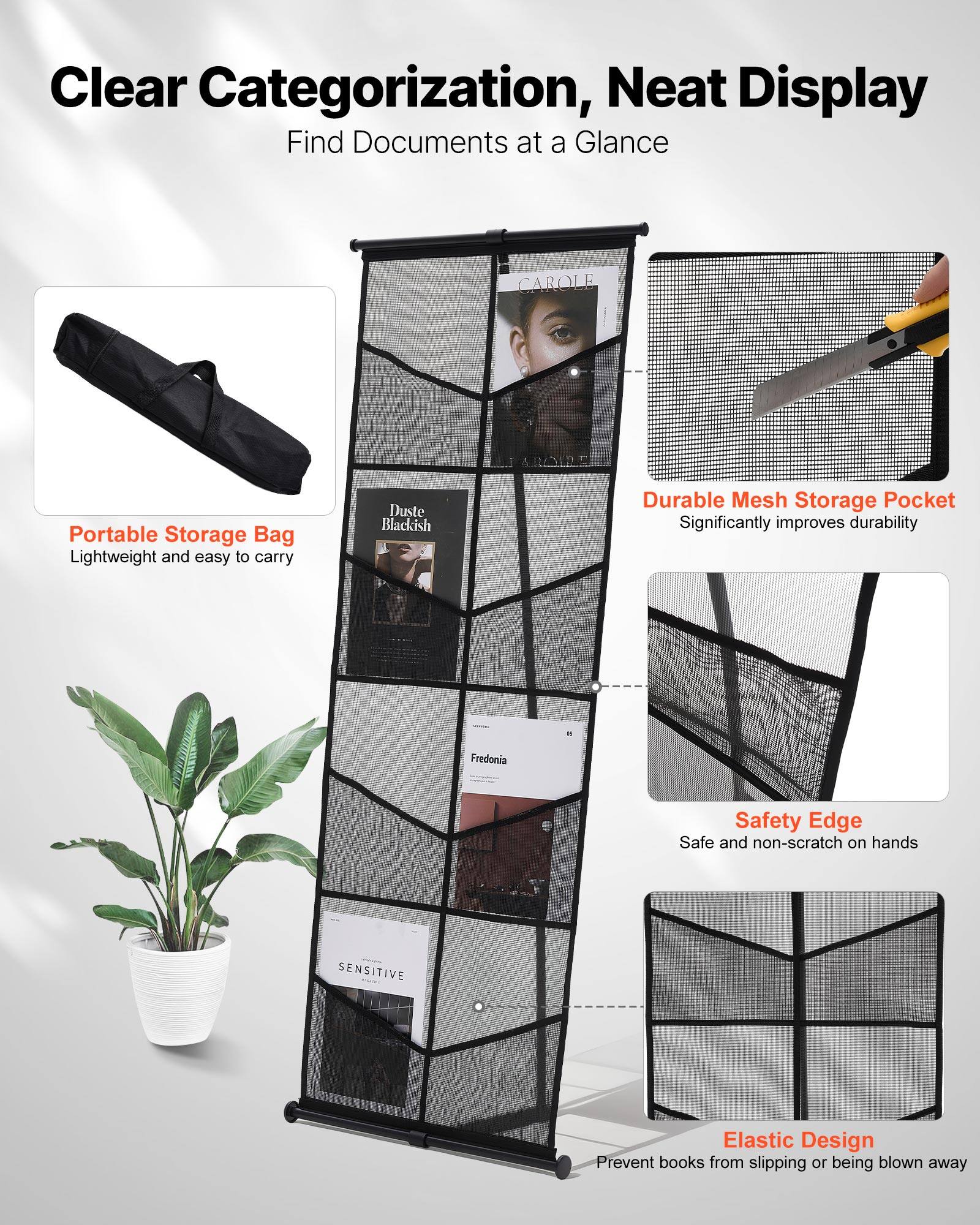 Clear Categorization, Neat Display  
Find Documents at a Glance

- Portable Storage Bag  
  Lightweight and easy to carry

- Durable Mesh Storage Pocket  
  Significantly improves durability

- Safety Edge  
  Safe and non-scratch on hands

- Elastic Design  
  Prevent books from slipping or being blown away