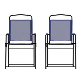 Flash Furniture - Set of 2 Mystic Folding Patio Sling Chairs, Outdoor Textilene Lawn Chairs with Armrests in Navy - Blue