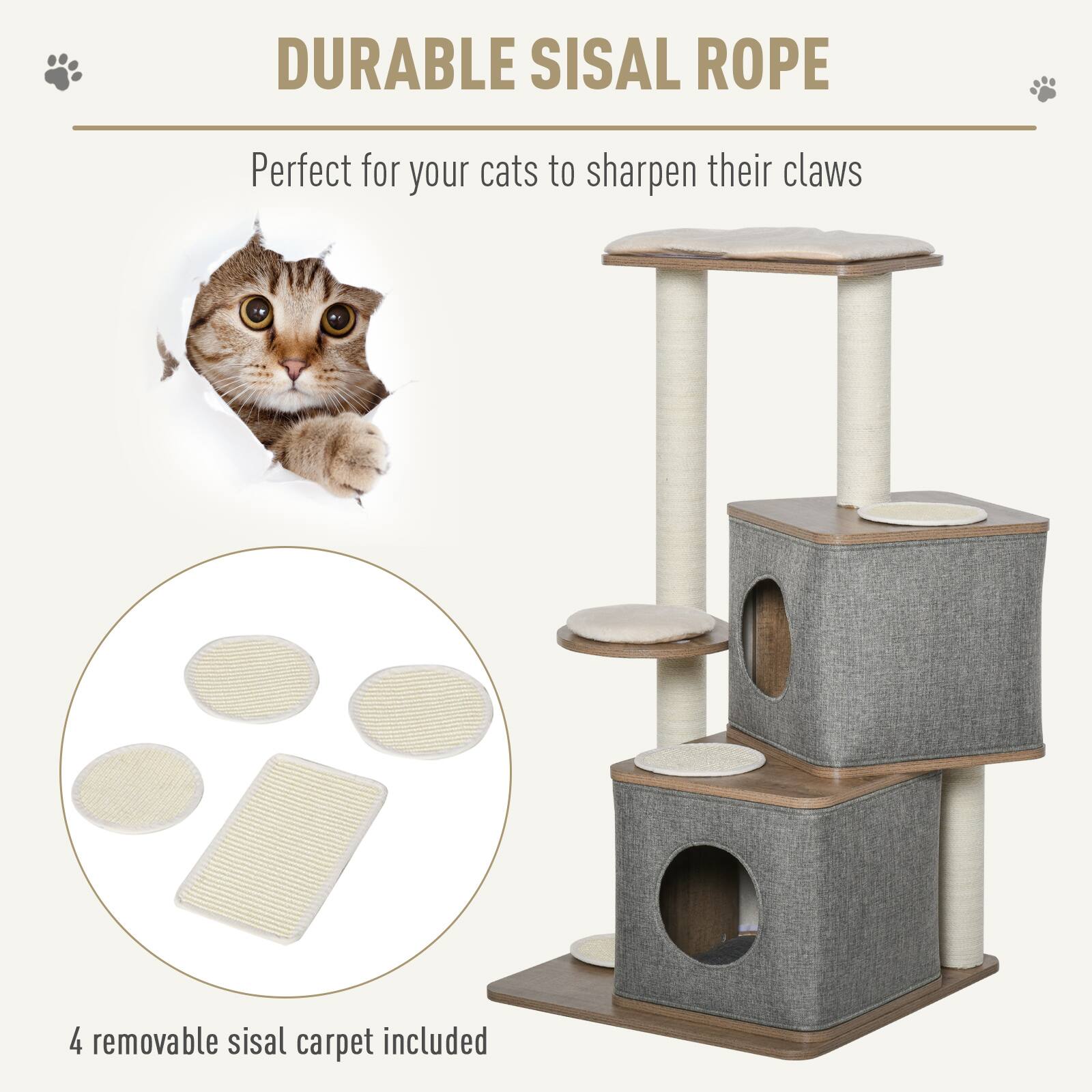 Alt View 1. Pawhut - 44" H Feline Cat Tower Tree House with Sisal Scratching Posts, Soft Relaxing Cushions, & Many Perches/Condos - Brown, Grey and White.