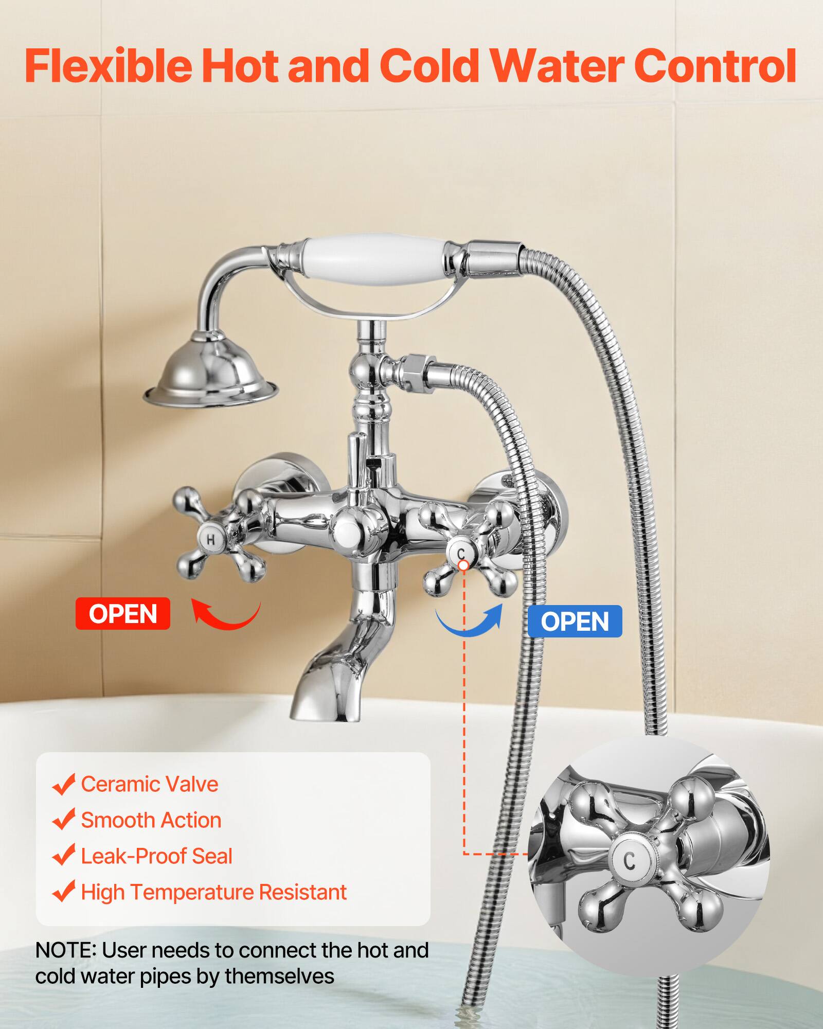 Flexible Hot and Cold Water Control

- Ceramic Valve
- Smooth Action
- Leak-Proof Seal
- High Temperature Resistant

NOTE: User needs to connect the hot and cold water pipes by themselves