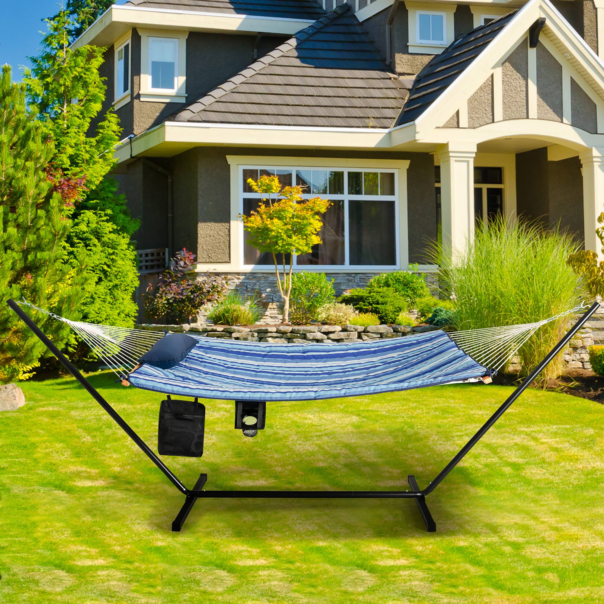 Alt View 1. Costway - Costway Hammock Chair Stand Set Cotton Swing w/ Pillow Cup Holder Indoor Outdoor - Blue.