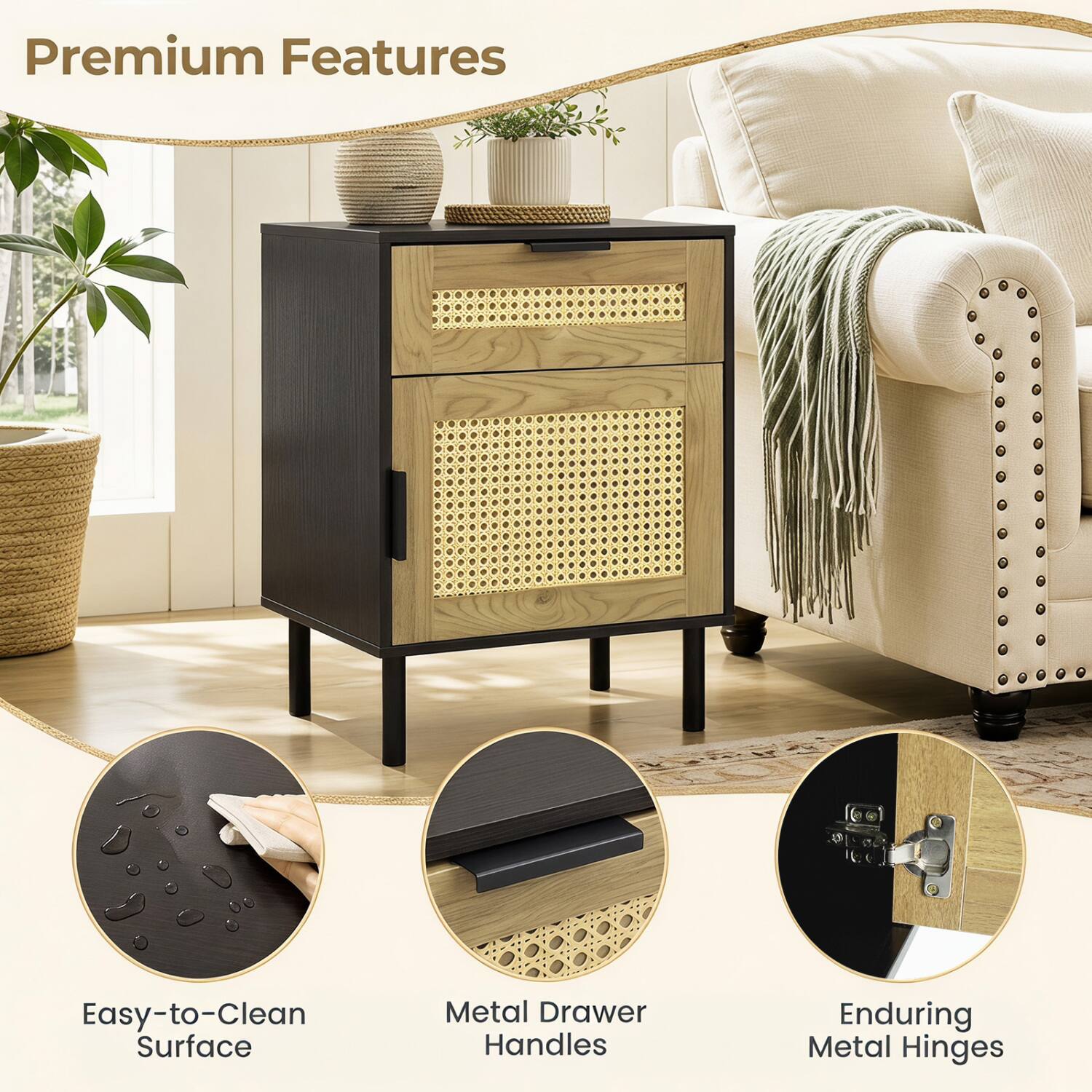 Premium Features

- Easy-to-Clean Surface
- Metal Drawer Handles
- Enduring Metal Hinges