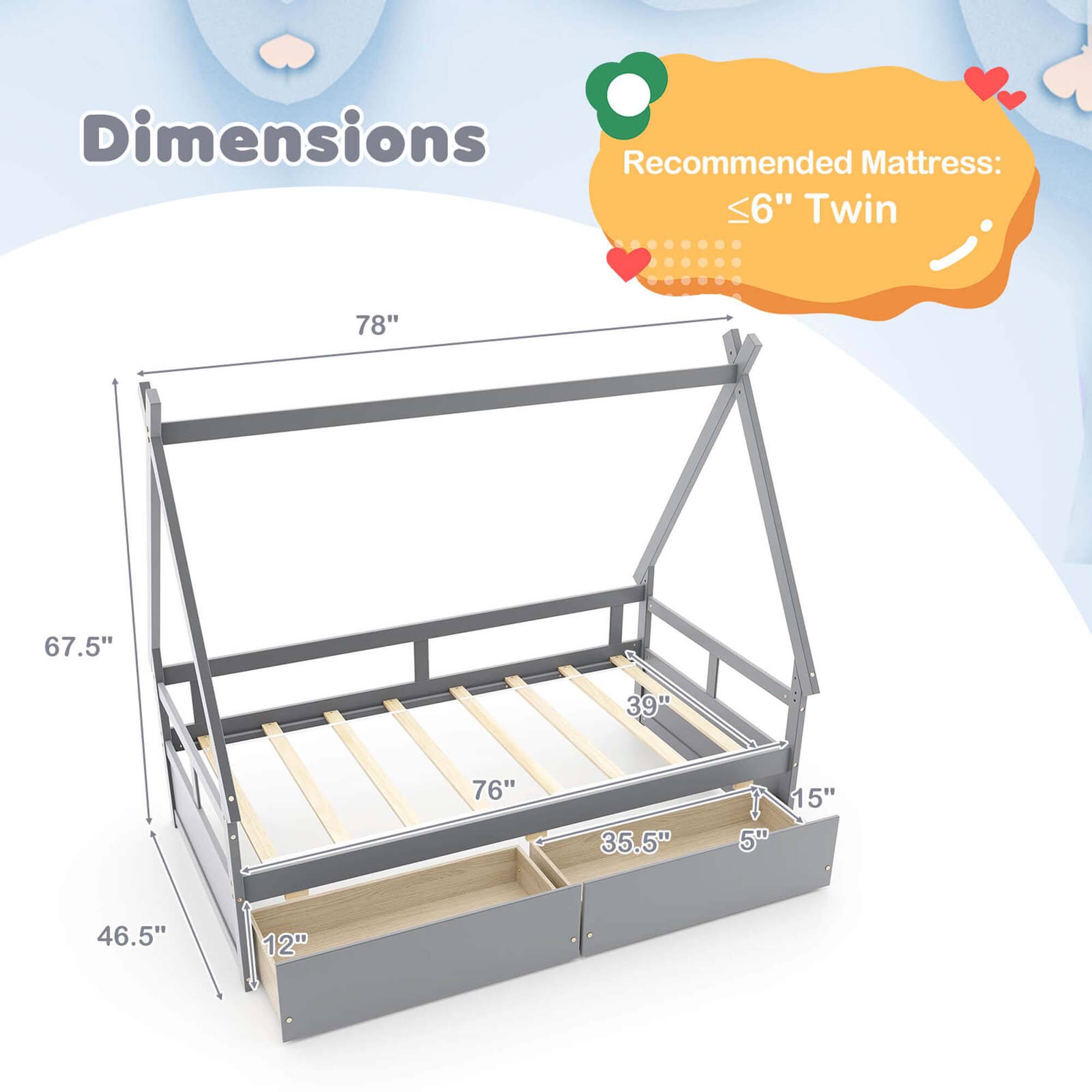 Dimensions: Recommended Mattress: Twin (<6" twin) 78" x 67.5" x 39" 76" x 35.5" x 5" 15" x 46.5" x 12"