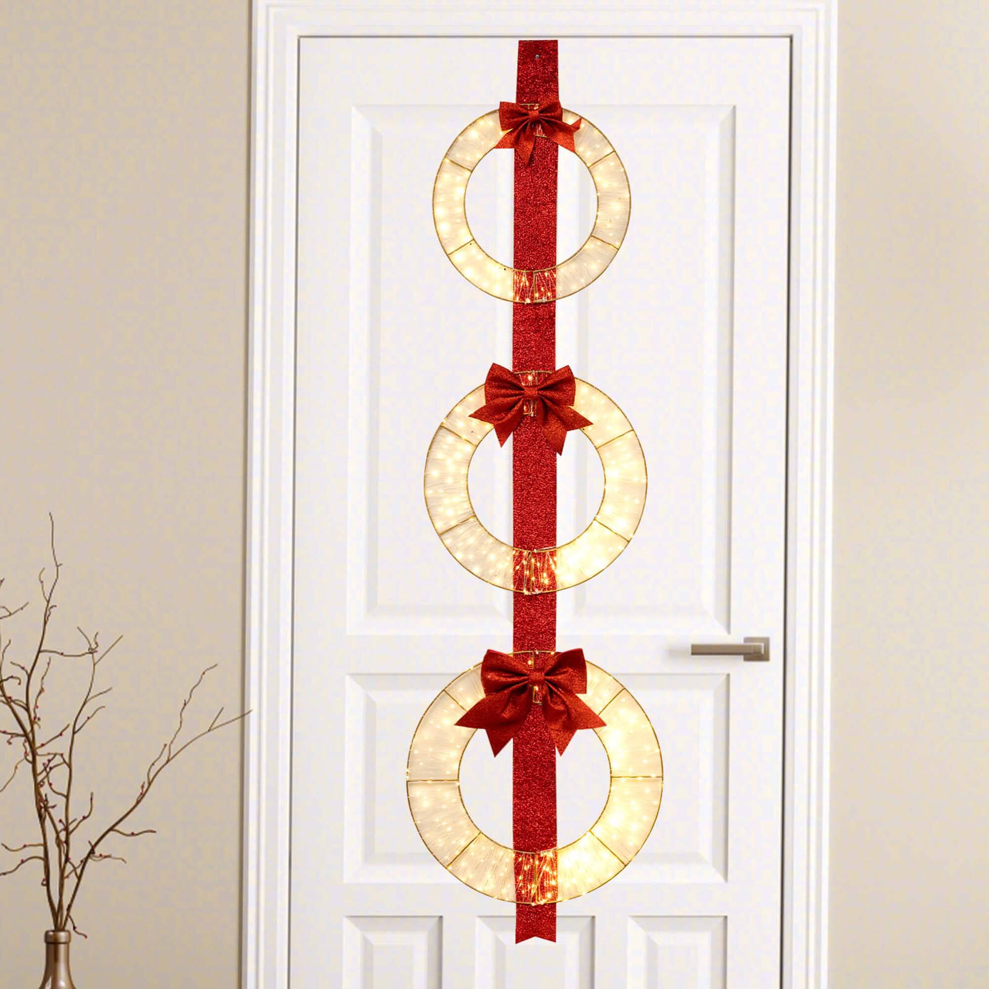 Alt View 8. Costway - Costway Set of 3 Pre-Lit Wreaths with 450 LED Lights Bows & Hanging Hook for Doors - Red.