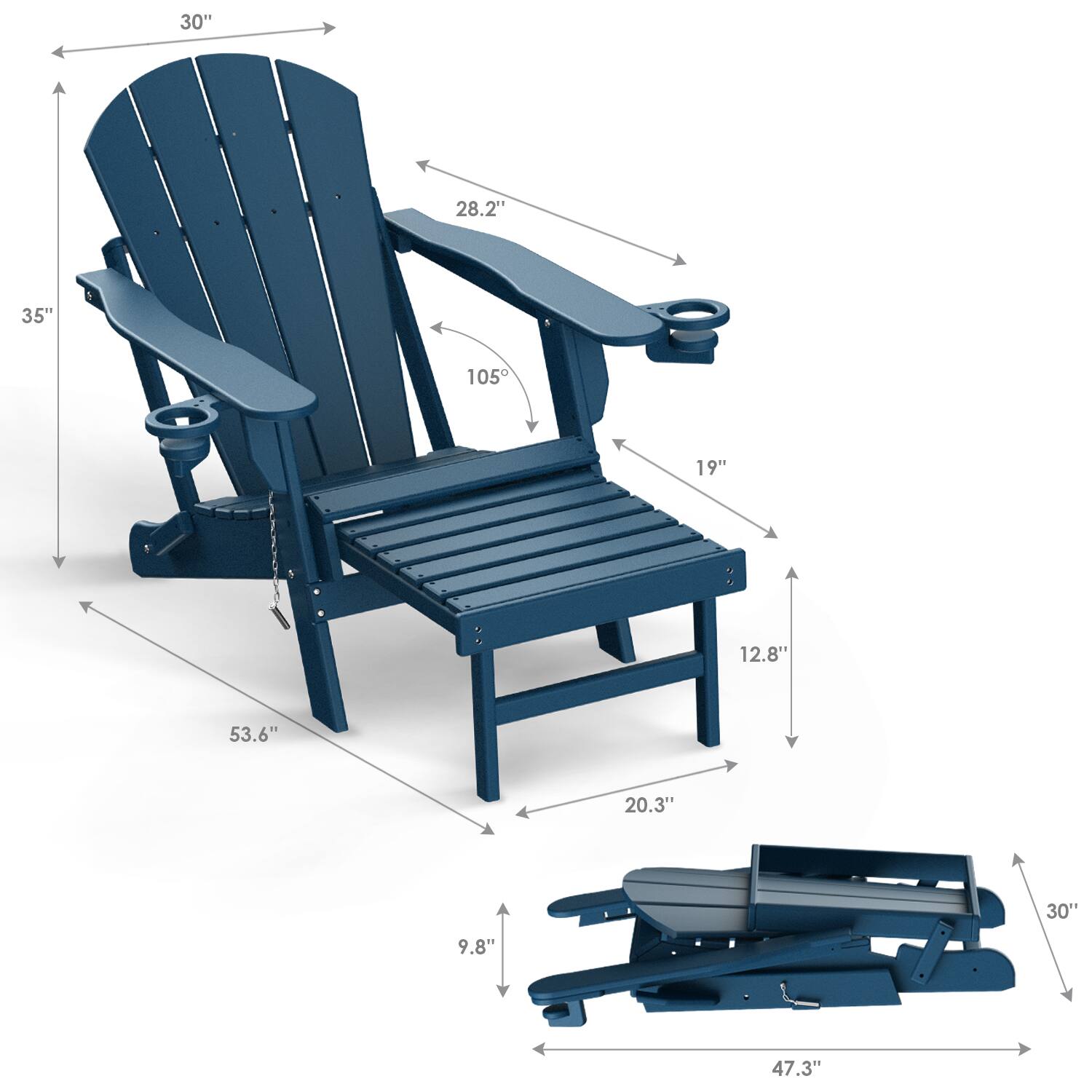 - Width: 30"
- Height: 35"
- Depth: 53.6"
- Armrest Height: 28.2"
- Seat Height: 19"
- Seat Depth: 12.8"
- Backrest Angle: 105°
- Footrest Height: 9.8"
- Footrest Width: 20.3"
- Overall Length: 47.3"
- Overall Width: 30"