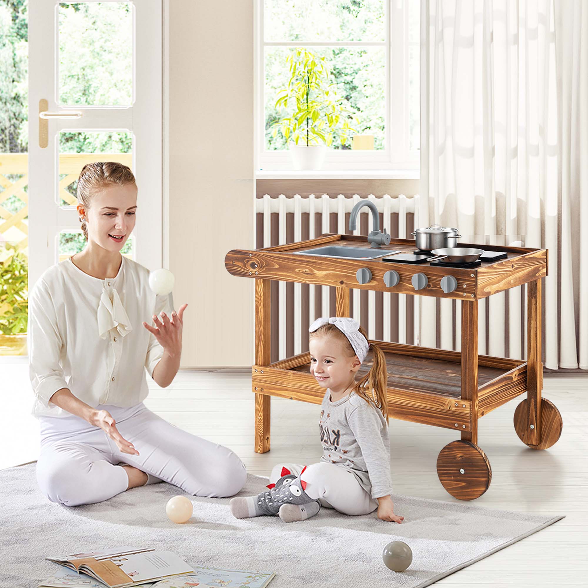 Alt View 3. Costway - Costway Kids Wooden Mud Play Kitchen Cart with Sink, 4 Stoves & Storage Shelf Natural - Natural.