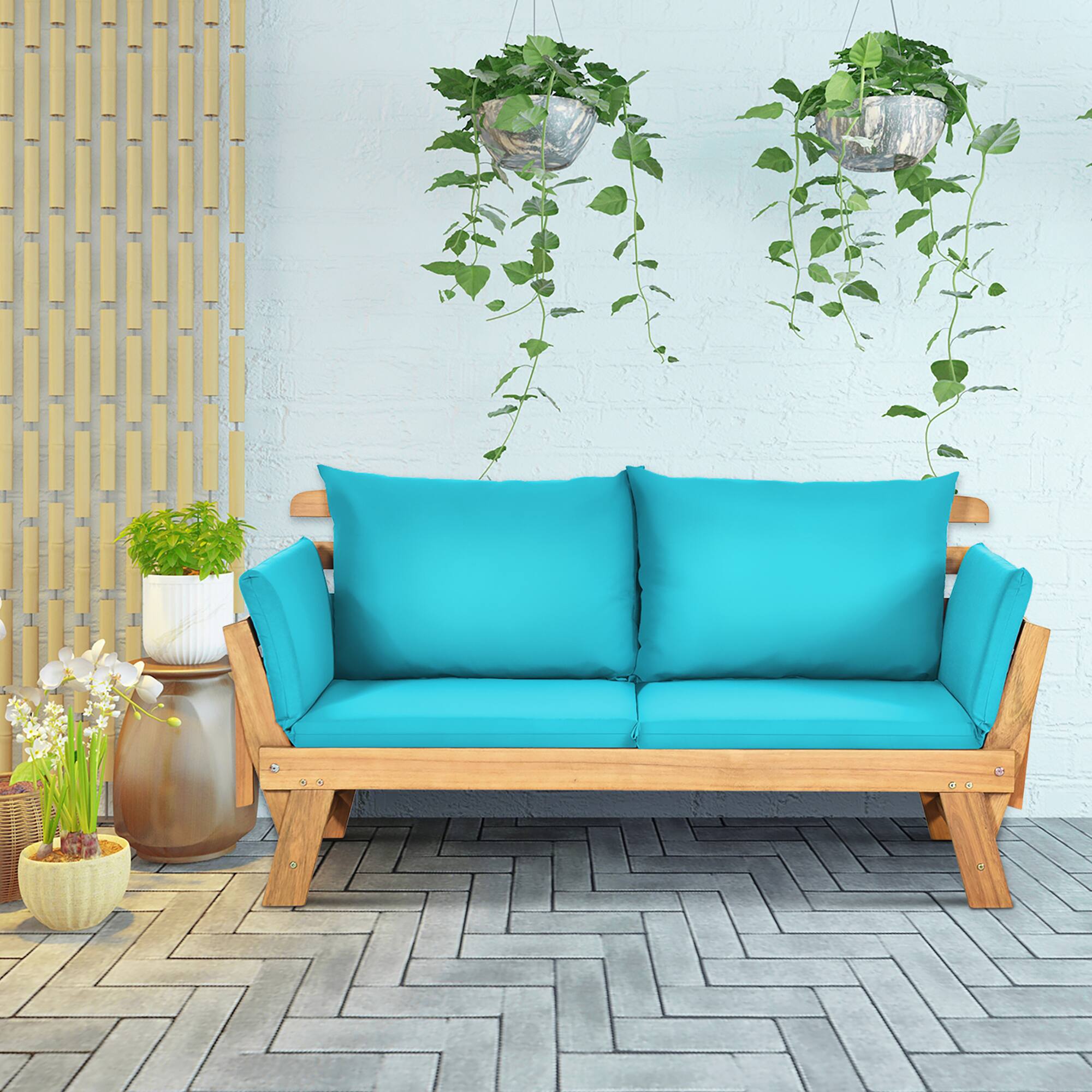 Front. Gymax - Gymax Adjustable Patio Sofa Daybed Acacia Wood Furniture w/ Turquoise Cushions - Turquoise.