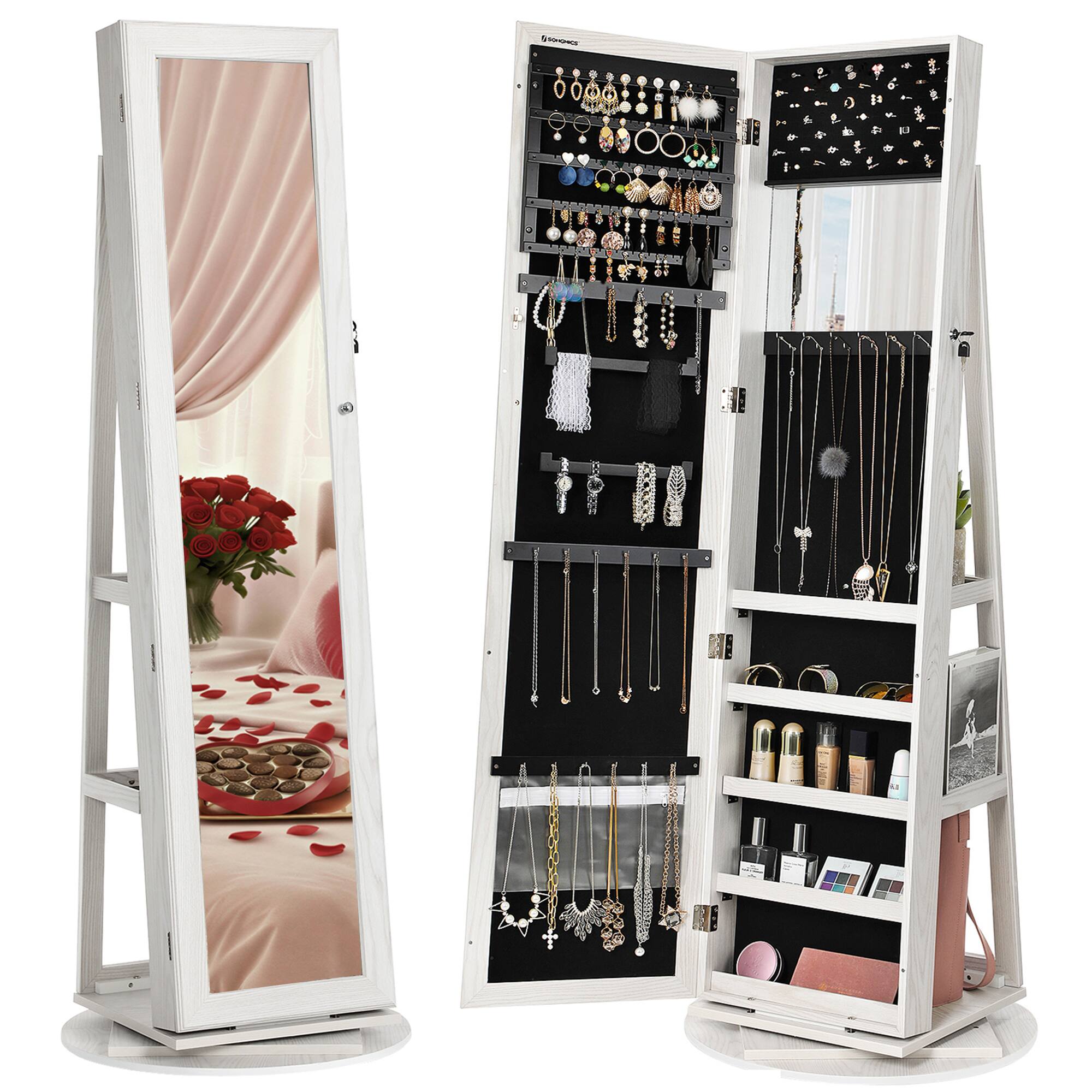 Front. Songmics Home - 360° Swivel Jewelry Cabinet, High Full Length Mirror, Lockable Jewelry Armoire, with Built-in Small Mirror - White.