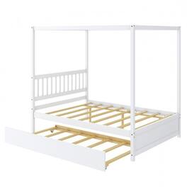 Hivvago - Full Size Canopy Platform Bed with Twin Roller Trundle Bed - White