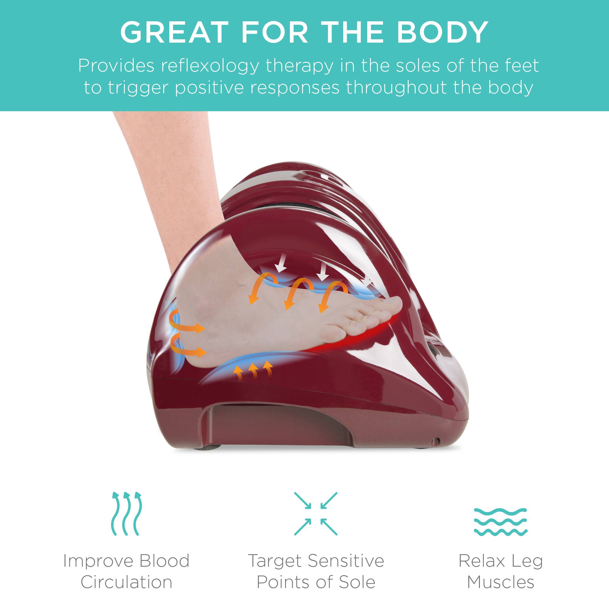 GREAT FOR THE BODY

Provides reflexology therapy in the soles of the feet to trigger positive responses throughout the body.

- Improve Blood Circulation
- Target Sensitive Points of Sole
- Relax Leg Muscles