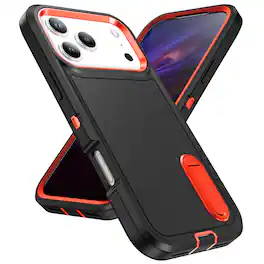 Dteck - Heavy Duty Case for Apple iPhone 17 Pro Max w/ Foldable Kickstand,Dual-Layer Shockproof Hard PC Soft Silicone Cover - Black/Orange