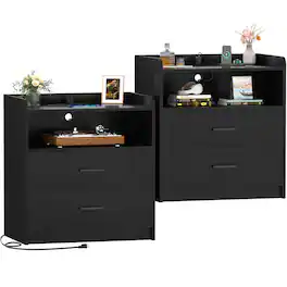 Aheaplus - 23.6'' Wide Nightstand Set of 2 with Drawers and Charging Station for Bedroom - Black