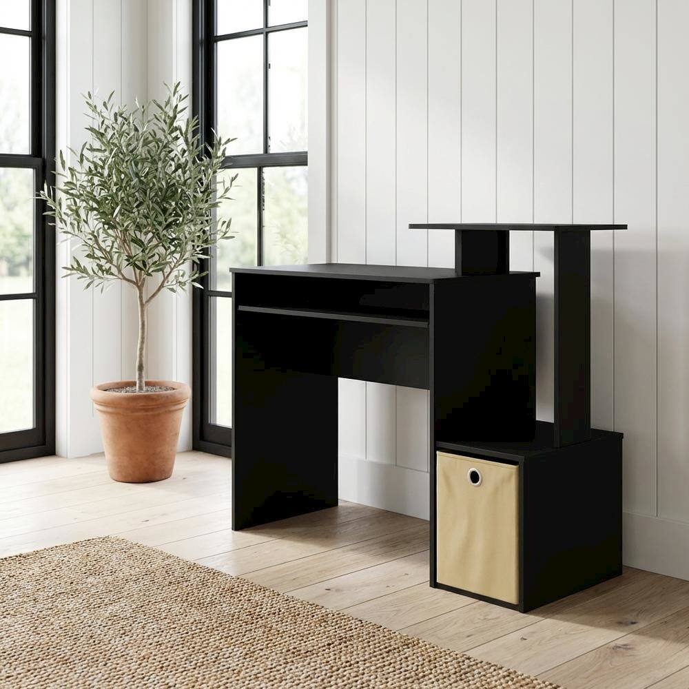 Angle. BisonOffice - Black multipurpose home office desk with storage bin and sturdy construction - Black/Brown.
