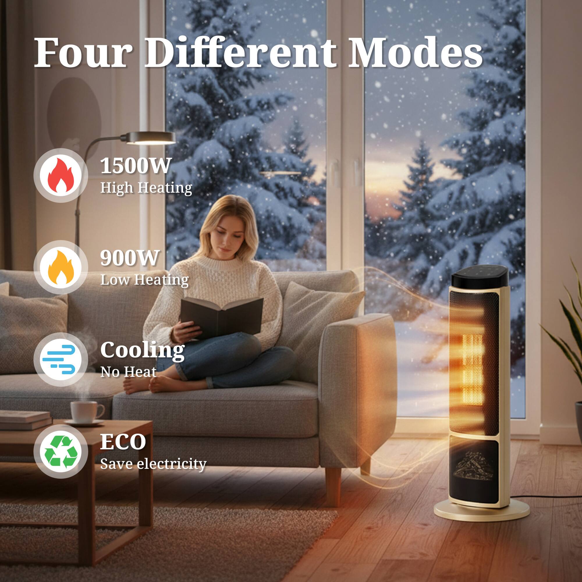 Four Different Modes

1500W High Heating  
900W Low Heating  
Cooling No Heat  
ECO Save electricity