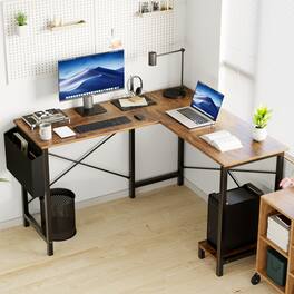 Bestier - 50in L Shaped Computer Desk, Gaming Desk with Reversible Shelves and Side Bag, Writing Table Desk for Home Office - Brown