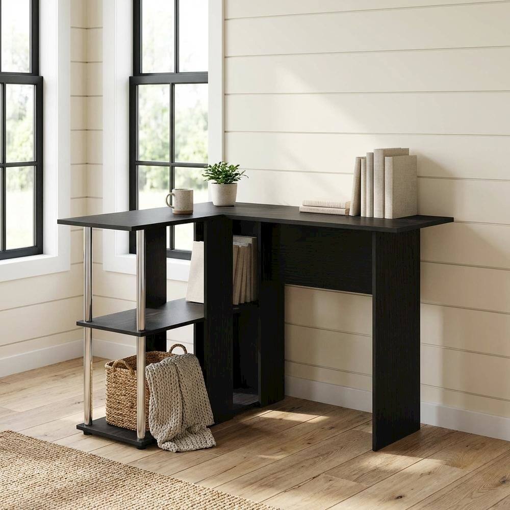 Left. BisonOffice - L-Shape Desk, Bookshelf, Americano Finish, Steel Tubes, Modern Workspace - Americano/Chrome.