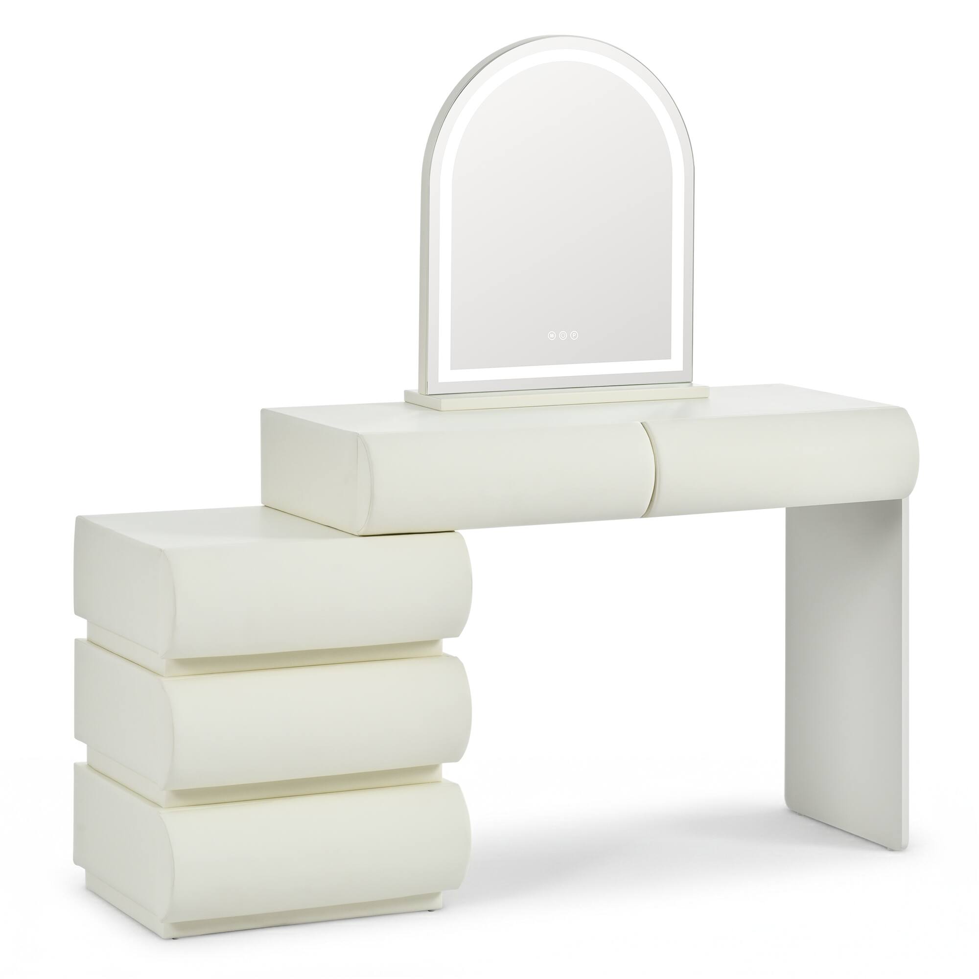 Angle. Whisen - Leather Dresser Vanity Table,2-in-1 Makeup Vanity Desk with LED Mirror and 5 Storage Drawers - Beige.