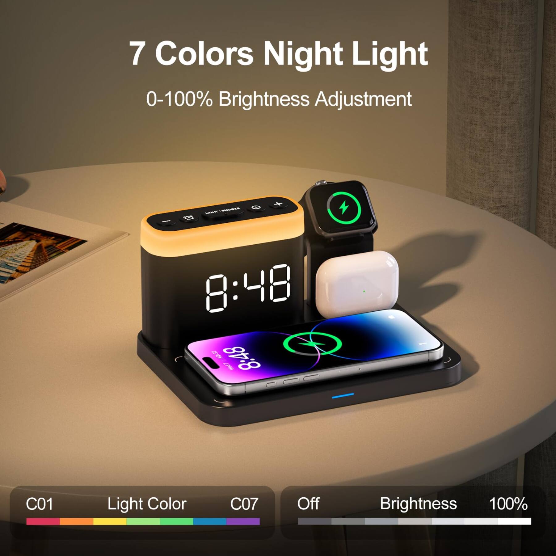 7 Colors Night Light  
0-100% Brightness Adjustment  

TMINU BANDER  
8:48 AQI 32 8:48  

C01  
Light Color  
C07  
Off  
Brightness 100%