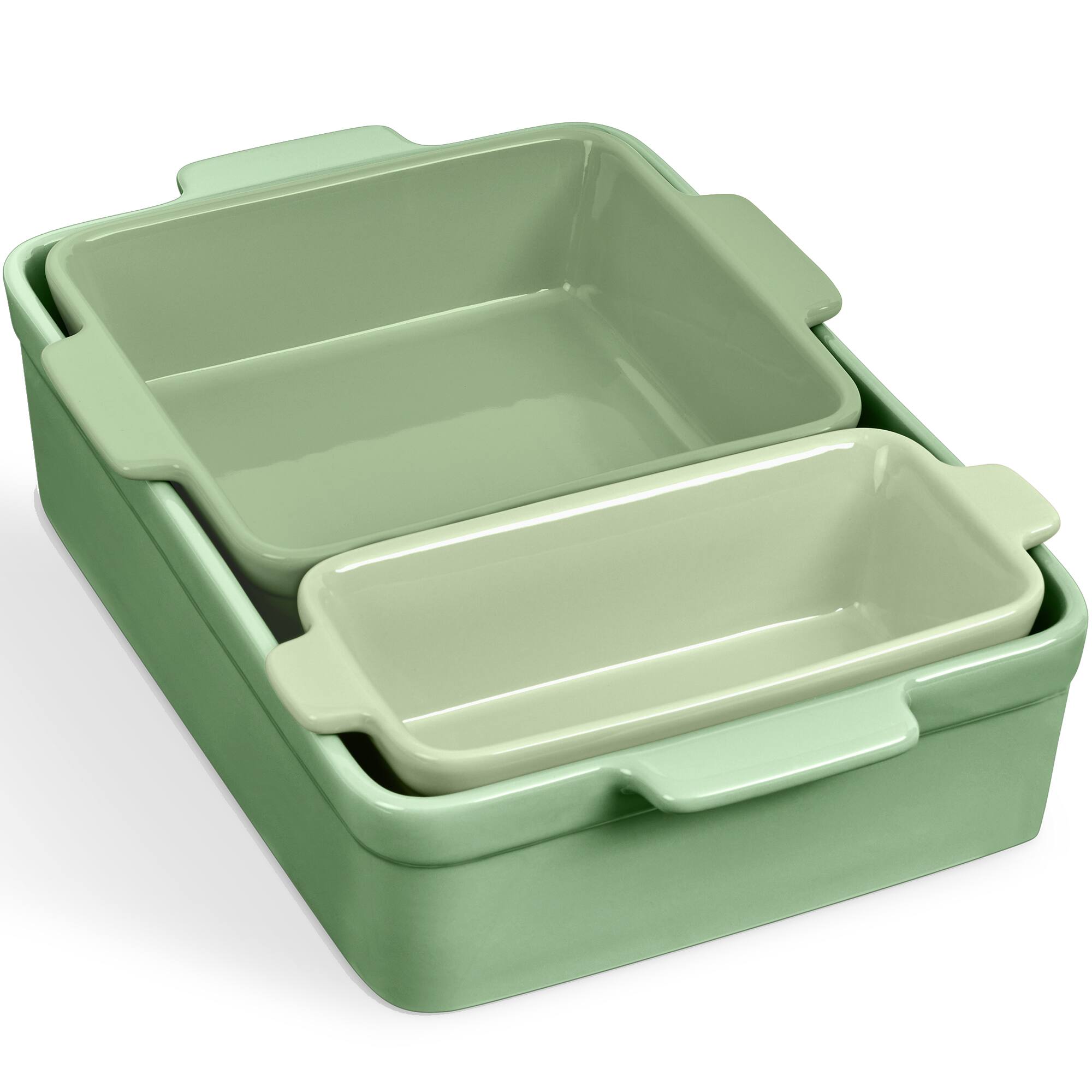 Best Choice Products - Ceramic Bakeware Set of 3 Casserole, Loaf, and Square Dishes w/ Handles - Sage Green