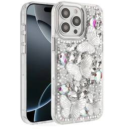 Kitcheniva - Bling Diamond Large Butterfly Phone Case With Tempered Glass For iPhone 16 Pro Max - Silver