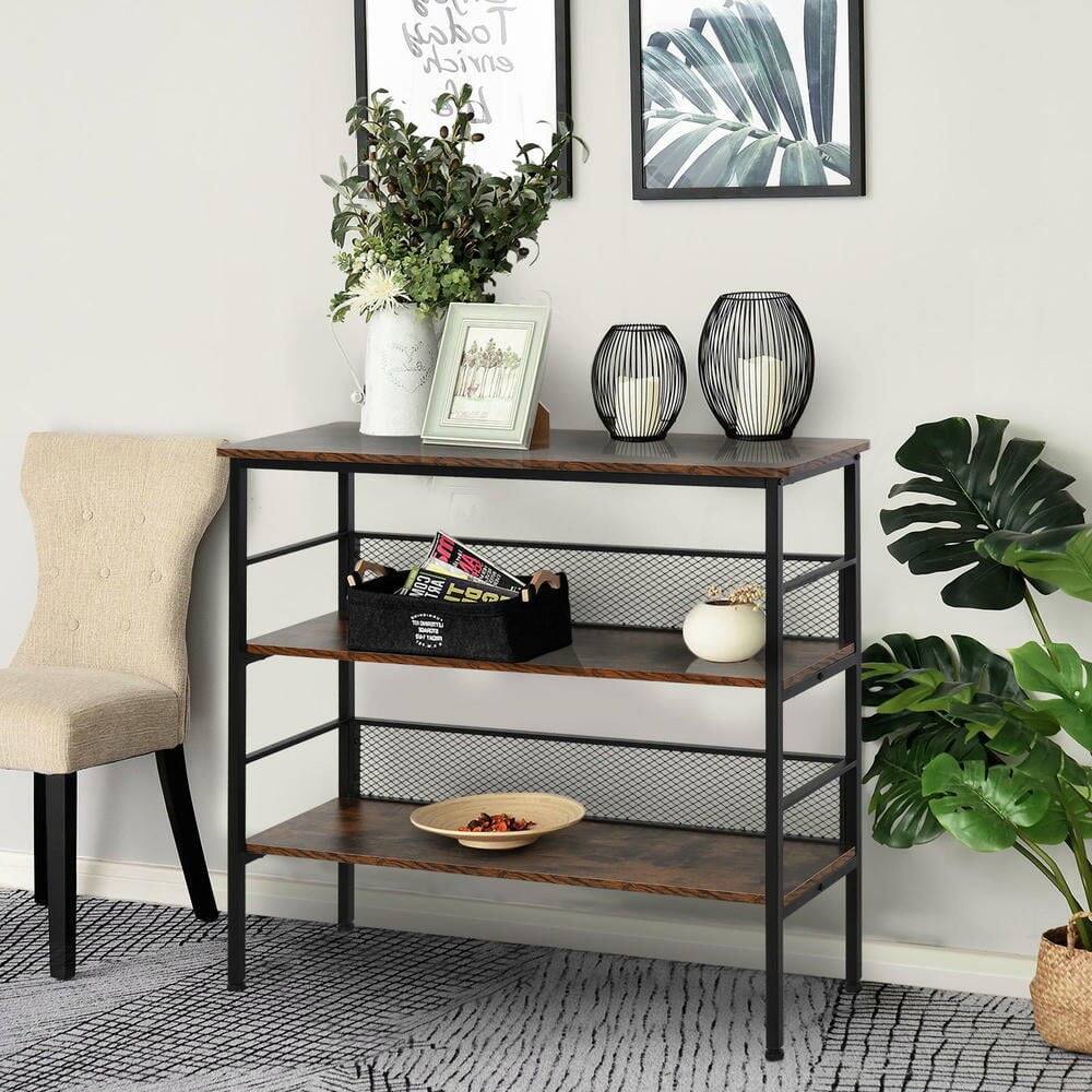 Back. Kadyn - 39.25"W x 12.5"D x 36.25"H 3-Tier Console Table Industrial Style Storage Metal Wooden Shelf, Adjustable Feet - Brown.