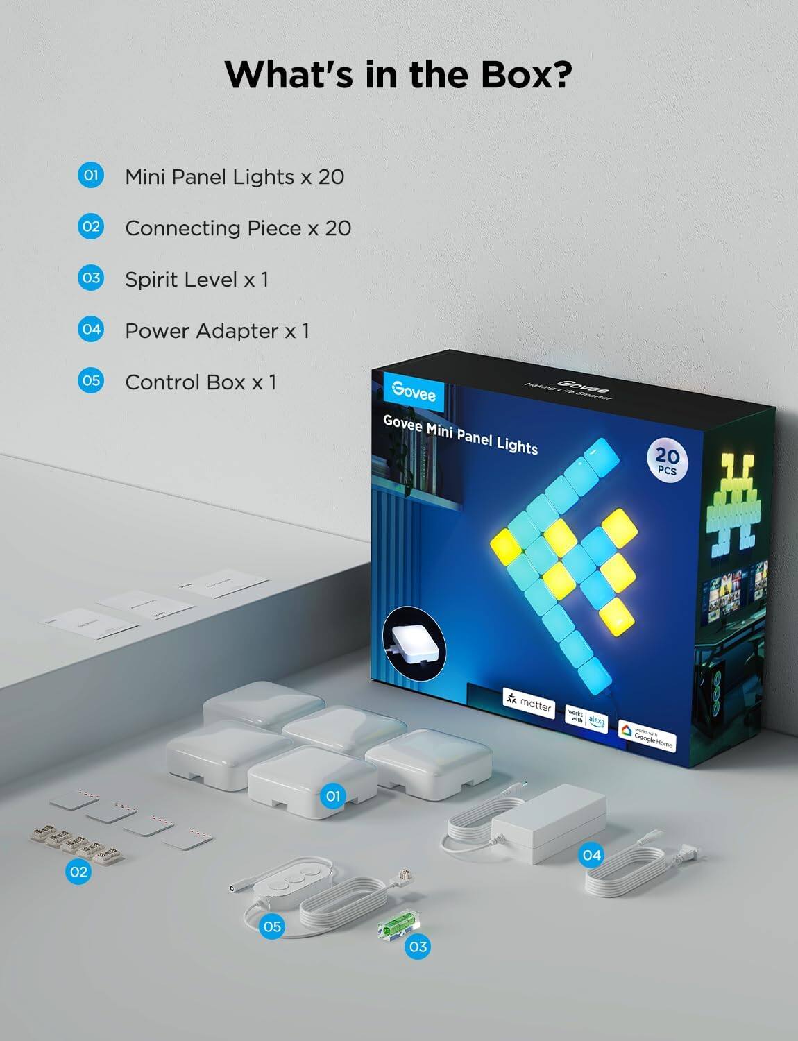 What's in the Box?

01 Mini Panel Lights x 20  
02 Connecting Piece x 20  
03 Spirit Level x 1  
04 Power Adapter x 1  
05 Control Box x 1  

Govee Mini Panel Lights 20 PCS  

matter works with alexa  
works with google home